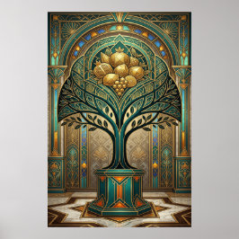 Póster Cosecha Dorada Art Déco Frutal Dorado Poste Verde