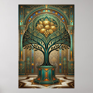Póster Cosecha Dorada Art Déco Frutal Dorado Poste Verde 
