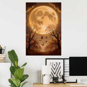 Póster Cosecha Silhouettes de luna y otoño