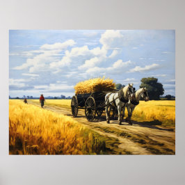 Póster Cosechando Granos con Carro Tirado por Caballos