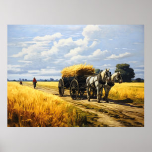 Póster Cosechando Granos con Carro Tirado por Caballos
