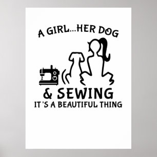 Póster Coser  Una Chica de su perro y cosido