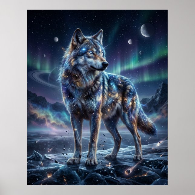 Póster Cosmic Wolf Under Aurora Sky (Frente)