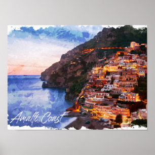 Póster Costa Amalfitana Italia Acuarela Positano