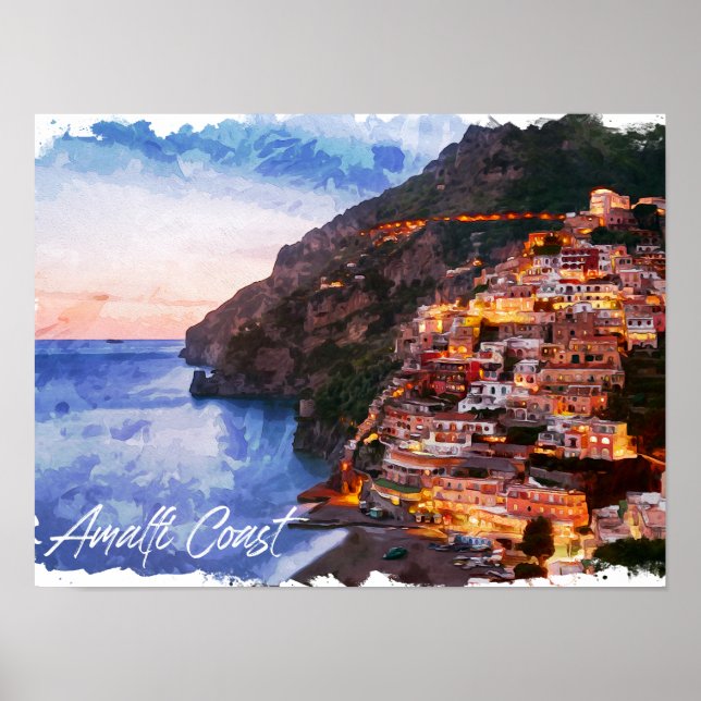 Póster Costa Amalfitana Italia Acuarela Positano (Frente)