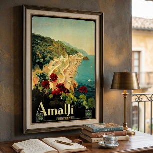 Póster Costa Amalfitana italiana, cartel vintage de viaje