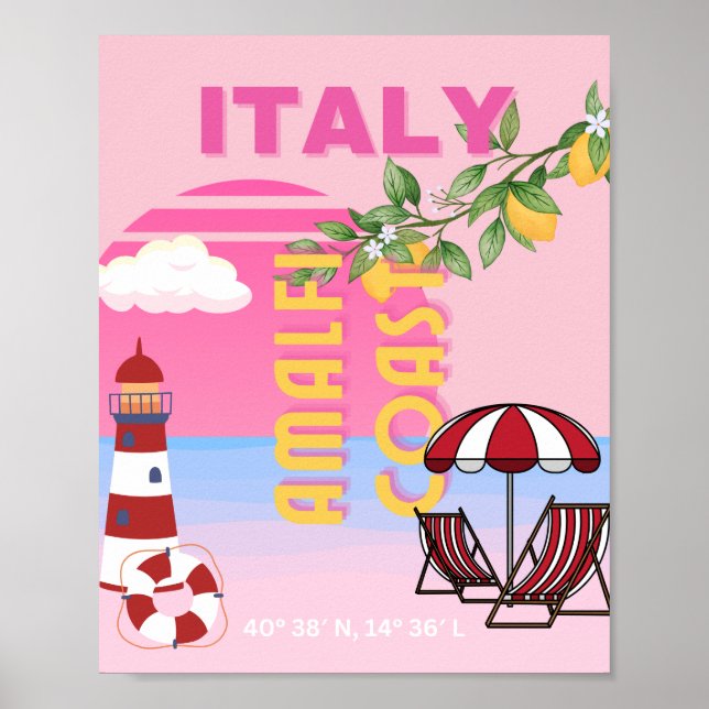 Póster Costa Amalfitana, Viaje Preppy, Rosa (Frente)