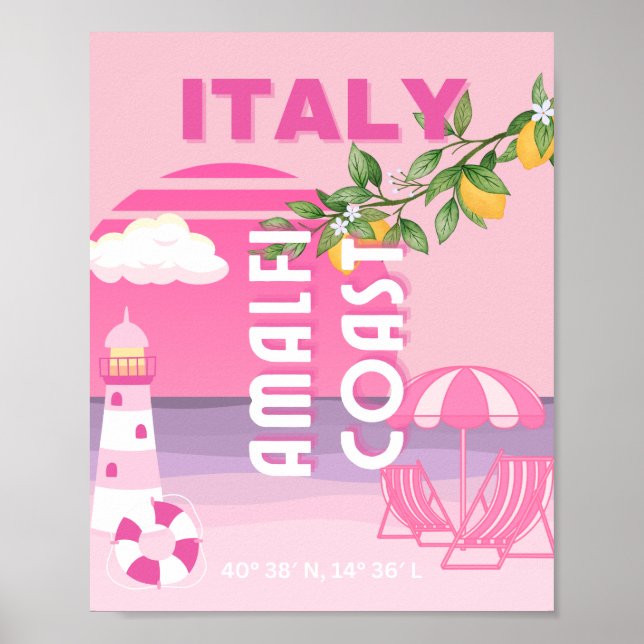 Póster Costa de Amalfi, Viajes Elegantes, Rosa (Frente)