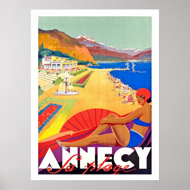 Póster Costa de Annecy, chica en una playa, afiche de épo (Frente)