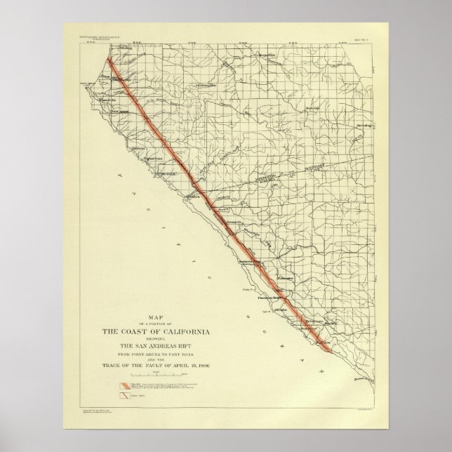 Póster Costa de California mostrando el Rift de San Andre (Frente)