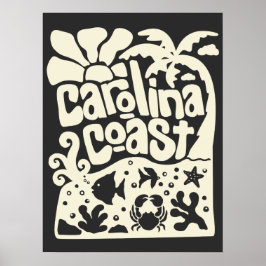 Póster Costa de Carolina Playa Vintage Retro Palma Árbol