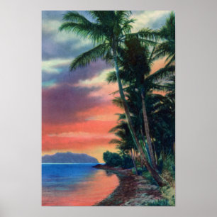 Póster Costa de Hawái al atardecer