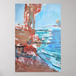 Póster Costa de puesta de sol abstracta y rocas rojas