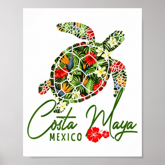 Póster Costa Maya Mexico Sea Turtle Tropical Hibiscus Vac (Frente)