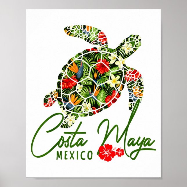 Póster Costa Maya Mexico Sea Turtle Tropical Hibiscus Vac (Frente)