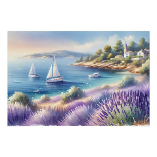 Póster Costa mediterránea de Lavanda con veleros
