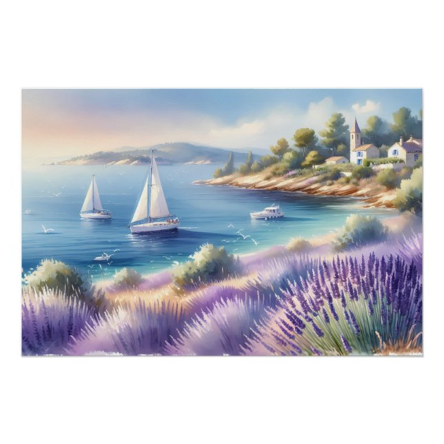 Póster Costa mediterránea de Lavanda con veleros (Anverso)