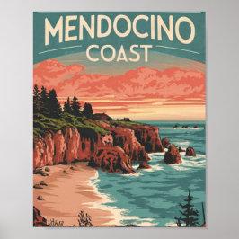 Póster Costa Mendocino, acuarela retro de California