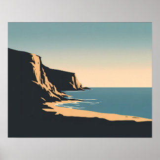 Póster Costa Minimalista Acantilados Puesta de Sol Dorada