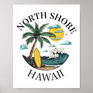 Póster Costa Norte Oahu Hawaii Recuerdo Surfing Hawaiano