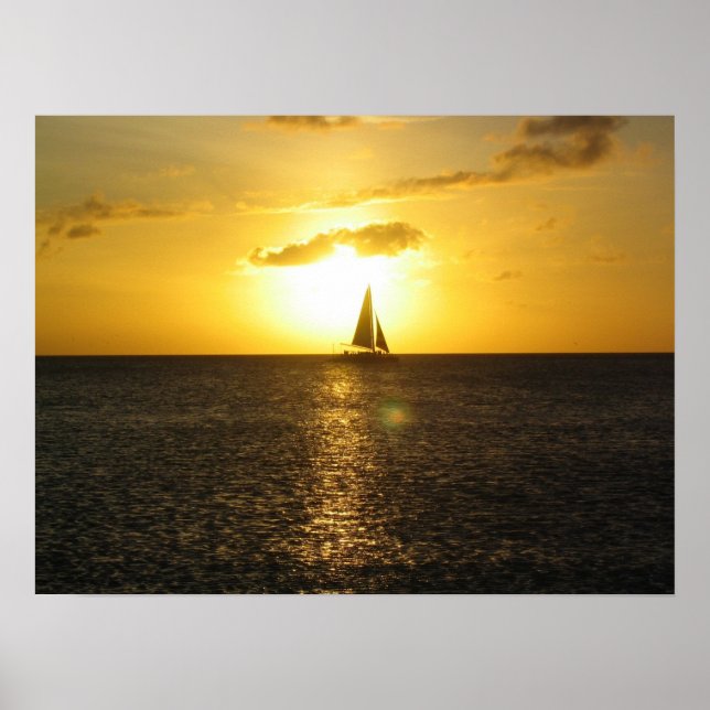 Póster Costa oeste de Aruba Sunset Sailboat en Horizonte (Frente)