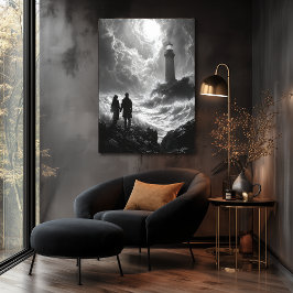 Póster Costa Romántica y Tempestuosa con Faro - Carbón