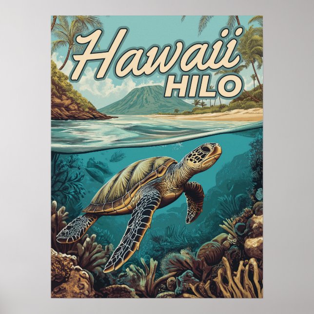 Póster Costa Tropical Hilo Hawaii Big Island Retro (Frente)
