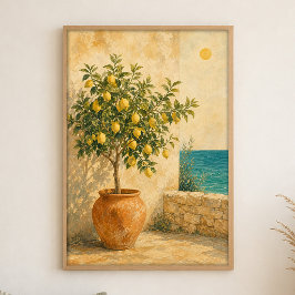 Póster costero de acuarela del limonero junto al m