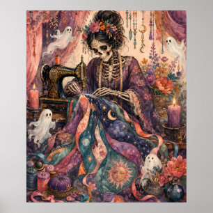 Póster Costurera de Esqueleto Gótico Tejiendo Celestial