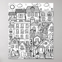 Póster Cosy Town Cute Cats Graciosos Doodle Colores para
