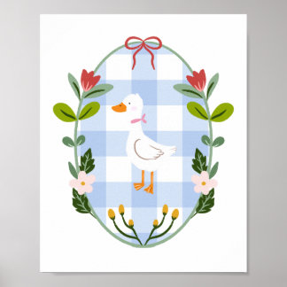 Póster Cottagecore White Duck Illustration - Blue Gingham