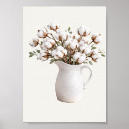 Póster Cotton Flowers in White Pitcher Neutral Farmhous