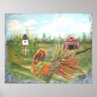 Póster Country Rooster on the Farm Painting