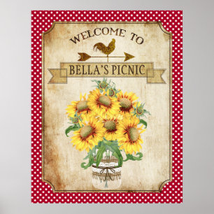 Póster Country Sunflower Red Gingham Poster