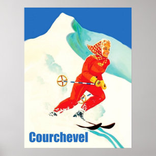 Póster Courchevel, mujer en pista de esquí, Francia, Vint