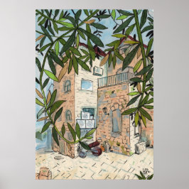 Póster Courtyard in Haifa Israel Cityscape Collage Sketch