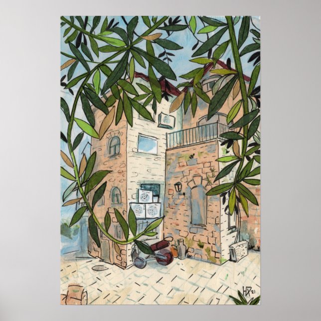 Póster Courtyard in Haifa Israel Cityscape Collage Sketch (Frente)
