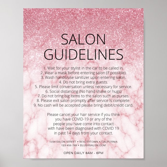 Póster Covid Health Safety Rosa Gold Purpurina Salón de p (Frente)