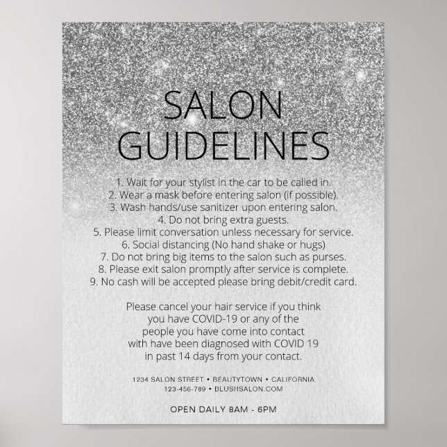 Póster Covid Health Safety Silver Purpurina Hair Salon Gl (Frente)