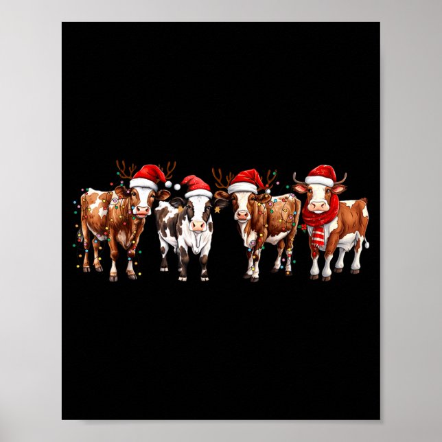 Póster Cow Reindeer Santa Hat Christmas Light Funny Cows  (Frente)
