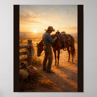 Póster Cowboy adjusting saddle at sunrise