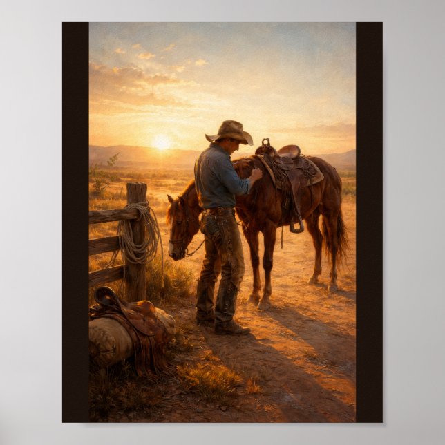 Póster Cowboy adjusting saddle at sunrise (Frente)
