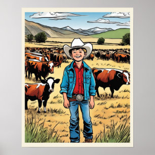Póster Cowboy Cattle Ranch Young Boy Graphic Art