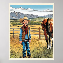 Póster Cowboy Cattle Ranch Young Boy Graphic Art