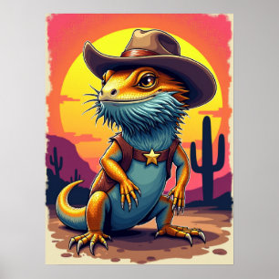 Póster Cowboy Dragon Lizard - Funny Fantasy Poster
