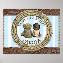 Póster Cowboy feliz primer cumpleaños y Teddy Bear Boy