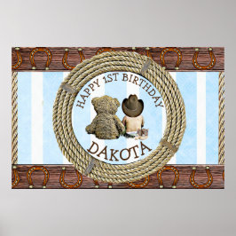 Póster Cowboy feliz primer cumpleaños y Teddy Bear Boy