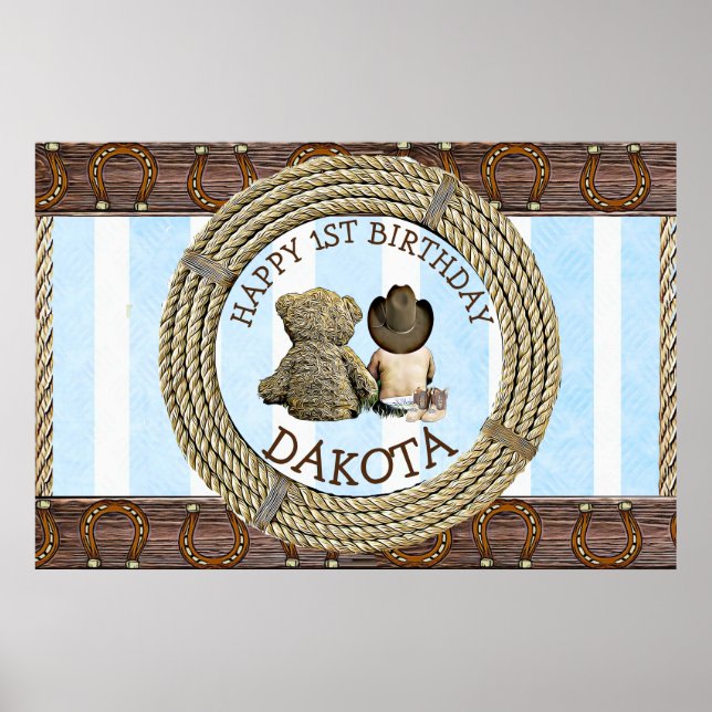 Póster Cowboy feliz primer cumpleaños y Teddy Bear Boy (Frente)