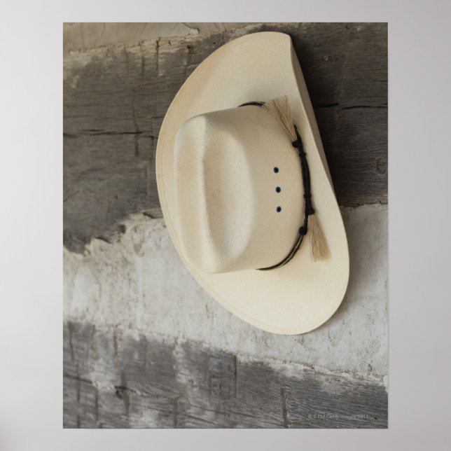 Póster Cowboy hat hanging on wall of log cabin (Frente)