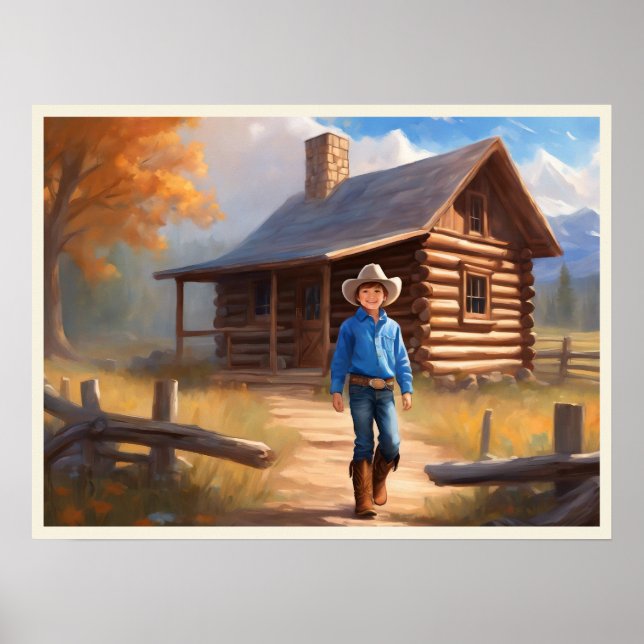 Póster Cowboy Log Cabin Boy's Bedroom Art (Frente)
